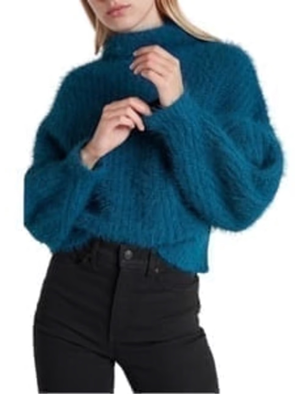 Express Fuzzy Chenille Mock Neck oversized Sweater size small dark green holiday